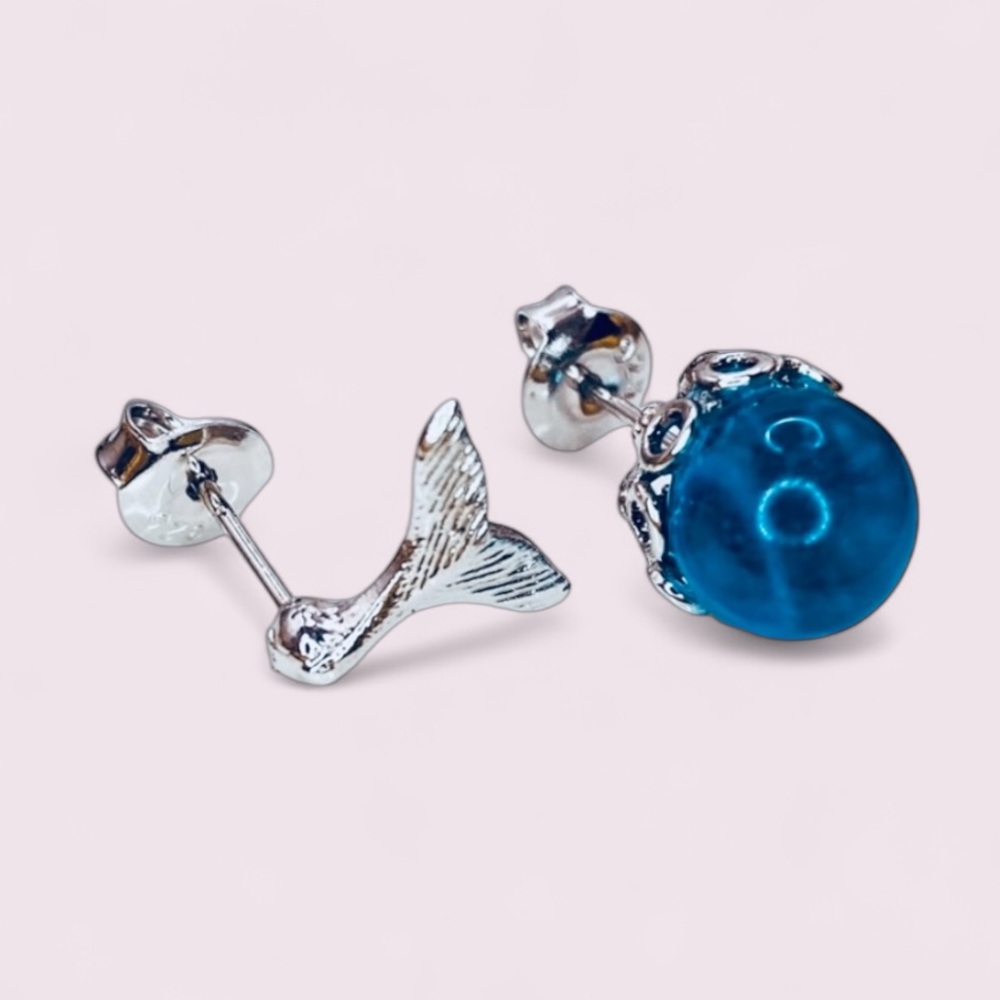 925 Sterling Silver Sea Bubble Mermaid Tail Mismatched Stud Earrings - Picture 6 of 8